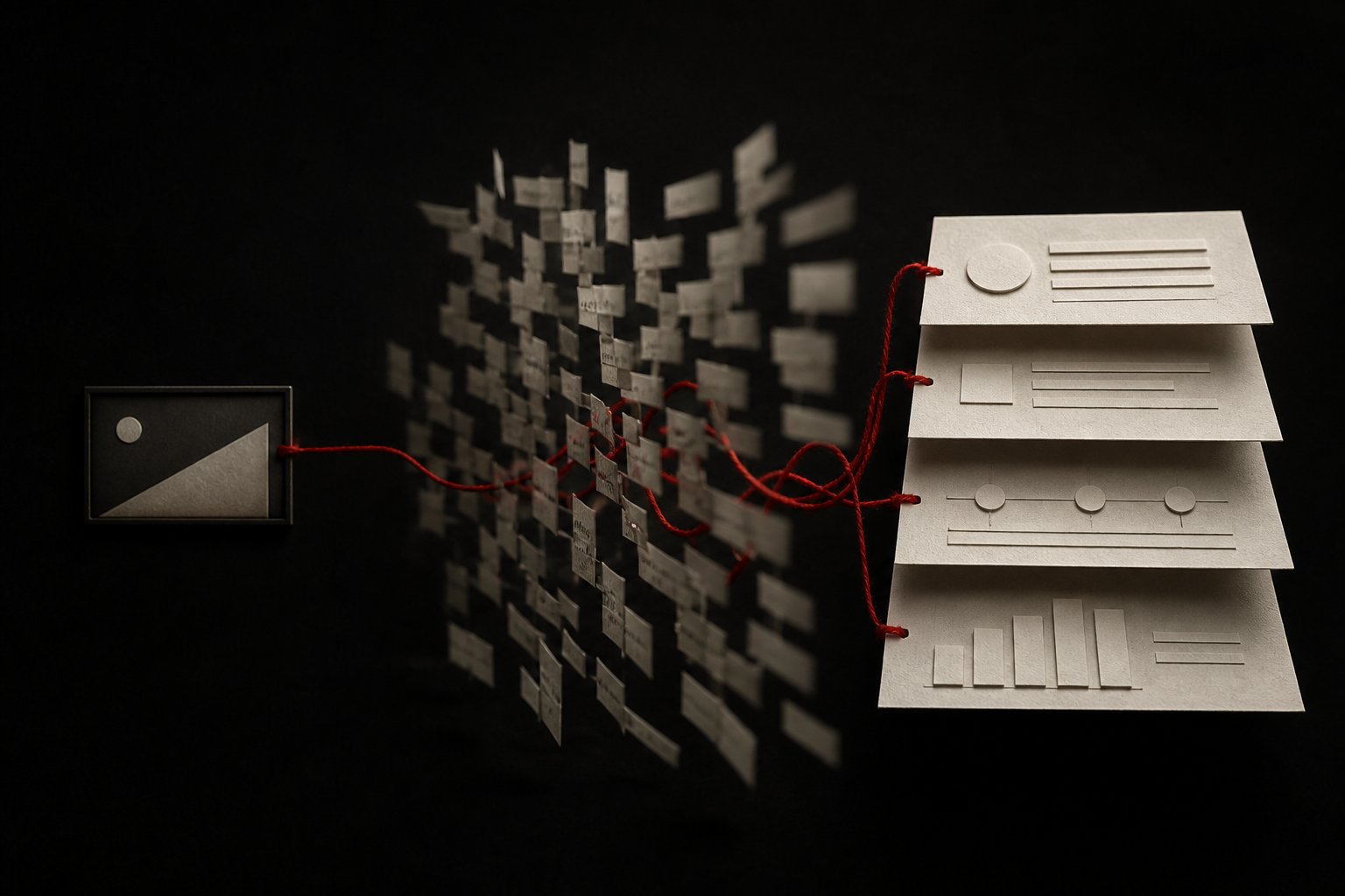 A video source passes through transcript fragments and becomes structured insights.